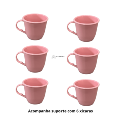 Suporte Mancebo Cantinho do Café Cabideiro Pedestal Kit Conjunto Madeira Jogo com 6 Xícaras em Acrilico Plastico Rosa Be na internet