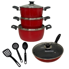 Conjunto Kit Jogo de Panelas 4 Peças Talisma Vermelho com Ceramica Antiaderente Preta Alumínio Reforçado Alça de Baqueli