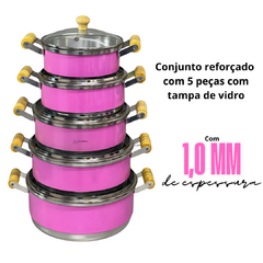 Jogo de Panela Conjunto Kit Cacarola Reforçado com 5 unidades Alça de Madeira com Tampa de Vidro Rosa Pink - comprar online