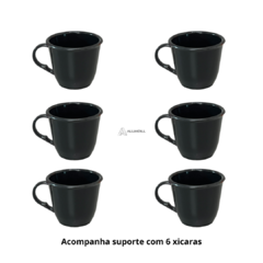 Suporte Mancebo Cantinho do Café Cabideiro Pedestal Kit Conjunto Madeira Jogo com 6 Xícaras em Acrilico Plastico Preto na internet