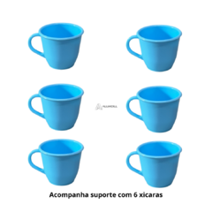 Suporte Mancebo Cantinho do Café Cabideiro Pedestal Kit Conjunto Madeira Jogo com 6 Xícaras em Acrilico Plastico Azul na internet