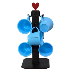 Suporte Mancebo Cantinho do Café Cabideiro Pedestal Kit Conjunto Madeira Jogo com 6 Xícaras em Acrilico Plastico Azul