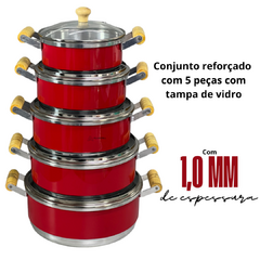 Jogo de Panela Conjunto Kit Cacarola Reforçado com 5 unidades Alça de Madeira com Tampa de Vidro Vermelho - comprar online