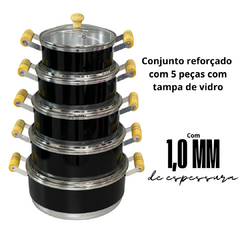 Jogo de Panela Conjunto Kit Cacarola Reforçado com 5 unidades Alça de Madeira com Tampa de Vidro Preto Liso - comprar online