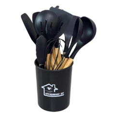 Jogo de Cozinha Conjunto Kit 12 Peças Silicone Utensílios Copo Suporte Cabo Madeira Preto