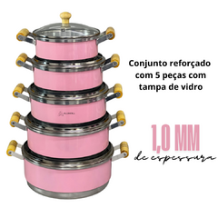 Jogo de Panela Conjunto Kit Cacarola Reforçado com 5 unidades Alça de Madeira com Tampa de Vidro Rosa Liso - comprar online