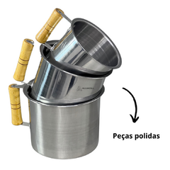 Jogo Kit Conjunto de Leiteira Fervedor Canecao Copo Extra Beira 3 peças em Aluminio Cabo de Madeira Polido - comprar online