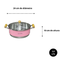 Jogo de Panela Conjunto Kit Cacarola Reforçado com 5 unidades Alça de Madeira com Tampa de Vidro Rosa Liso