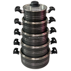 Imagem do Jogo de Panela Conjunto Kit Cacarola Pop com 5 unidades Alça de Baquelite com Tampa Preto Craqueado 2,8 mm Grossa Reforç