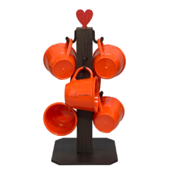 Suporte Mancebo Cantinho do Café Cabideiro Pedestal Kit Conjunto Madeira Jogo com 6 Xícaras em Acrilico Plastico Laranja