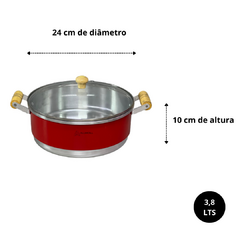 Jogo de Panela Conjunto Kit Cacarola Reforçado com 5 unidades Alça de Madeira com Tampa de Vidro Vermelho