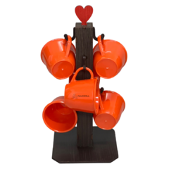 Suporte Mancebo Cantinho do Café Cabideiro Pedestal Kit Conjunto Madeira Jogo com 6 Xícaras em Acrilico Plastico Laranja - Lojas de Panelas | Alumdill