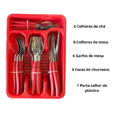 Jogo de Talheres Inox Faqueiro 25 Peças com Porta Talher Bandeja Organizador Vermelho - comprar online