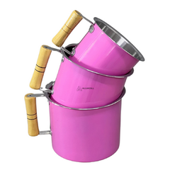 Jogo Kit Conjunto de Leiteira Fervedor Canecao Copo Extra Beira 3 peças em Aluminio Cabo de Madeira Rosa Pink