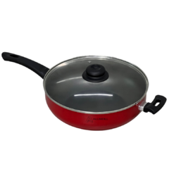 Frigideira Panela Grande Wok Antiaderente 28 Cm Grande Com Tampa De Vidro Vermelho Pintinha