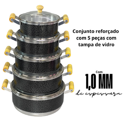 Jogo de Panela Conjunto Kit Cacarola Reforçado com 5 unidades Alça de Madeira com Tampa de Vidro Preto Craqueado - comprar online