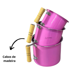 Jogo Kit Conjunto de Leiteira Fervedor Canecao Copo Extra Beira 3 peças em Aluminio Cabo de Madeira Rosa Pink na internet