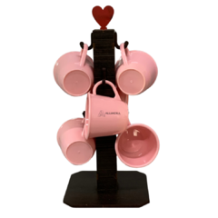 Suporte Mancebo Cantinho do Café Cabideiro Pedestal Kit Conjunto Madeira Jogo com 6 Xícaras em Acrilico Plastico Rosa Be