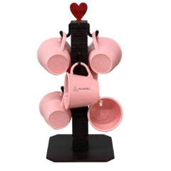 Suporte Mancebo Cantinho do Café Cabideiro Pedestal Kit Conjunto Madeira Jogo com 6 Xícaras em Acrilico Plastico Rosa Be - loja online