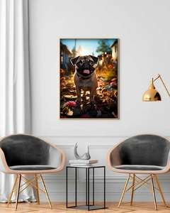 Quadro Decorativo Pug Jardim de Flores efeito 3D