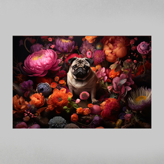 Quadro Decorativo Retrato Pug Flowers