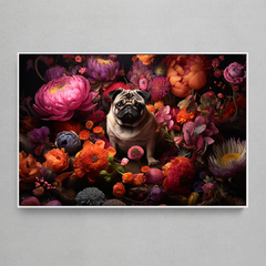 Quadro Decorativo Retrato Pug Flowers