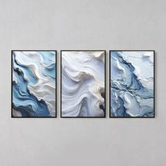 Conjunto 3 Quadros Mármore Abstrato Azul e Branco - Ellquadros 