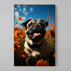 Quadro Decorativo Pug Jardim de Flores efeito 3D