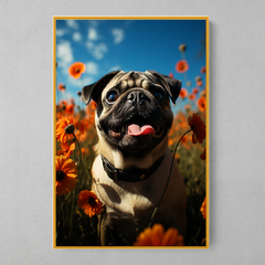 Quadro Decorativo Pug Jardim de Flores efeito 3D