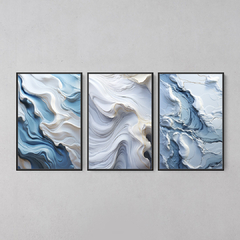 Conjunto 3 Quadros Mármore Abstrato Azul e Branco