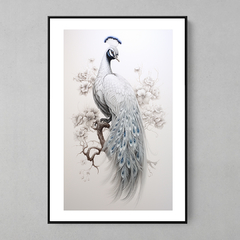 Quadro Decorativo Pavão Moicano Branco Azul