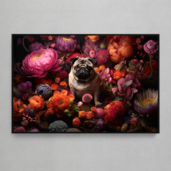 Quadro Decorativo Retrato Pug Flowers