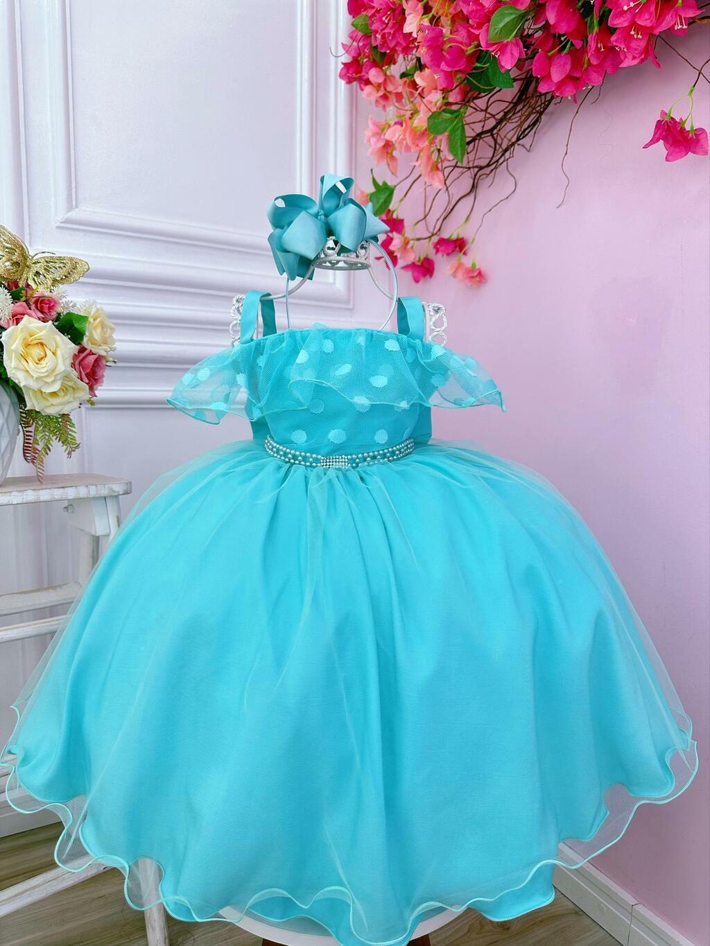 VESTIDO INFANTIL AZUL FLORES LUXO PRINCESA FESTA PÉROLAS