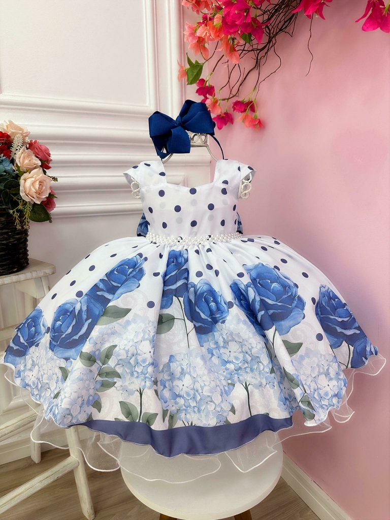 Vestido Infantil Frozen Azul C/ Cinto Pérolas Luxo Princesas