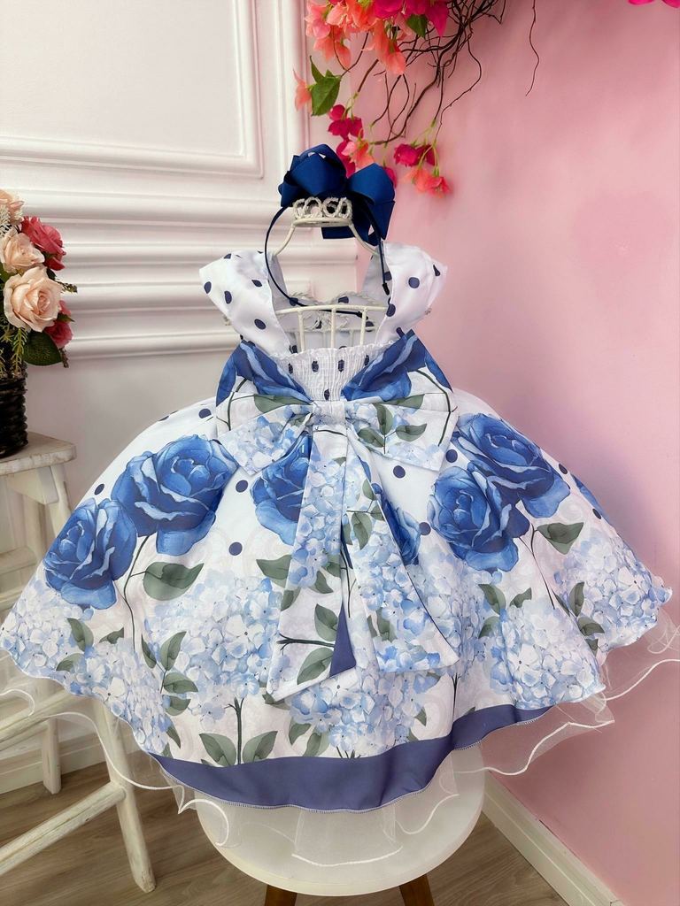 Vestido Infantil Azul C/ Renda Cinto Pérolas Strass Princesa