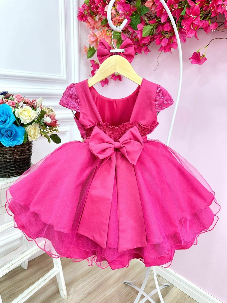 Vestido Infantil Rosa C/ Renda Strass e Pérolas Princesas