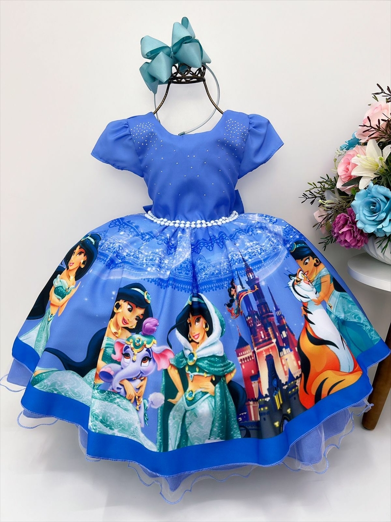 Vestido Infantil Cinderela Princesa Da Disney Azul Renda E Pérolas Para  Festa De Aniversário