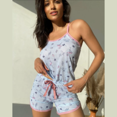 Pijama Feminino Curto Alcinha Estampa Flamingos