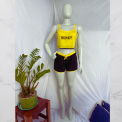 Baby Doll Cropped Honey Poá Amarelo e Preto