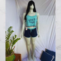 Baby Doll Cropped Good Night Poá Verde e Azul