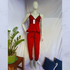 Pijama Feminino Alcinha Calça Bicolor Vermelho e Preto. - comprar online