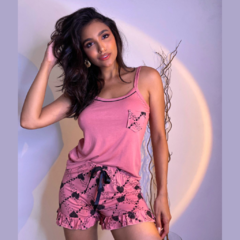 Pijama Feminino Curto Alcinha Rosa Estampa Coração