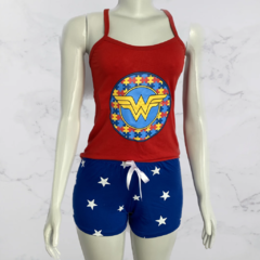 Pijama Feminino Curto Alcinha Estampa Mulher Maravilha Vermelho e Azul