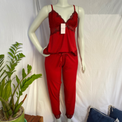 Pijama Feminino Alcinha Calça Bicolor Vermelho e Preto.