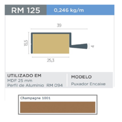 PERFIL RM-125 PUXADOR SUPRA CHAMPAGNE 1001 3MT - ROMETAL - comprar online