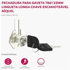 FECHADURA 7861 P/GAVETA 22MM LINGUETA LONGA CHAVE ESC NIQUEL - SOPRANO - comprar online