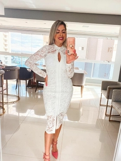 Vestido midi noiva civil com manga longa e fenda na barra - comprar online