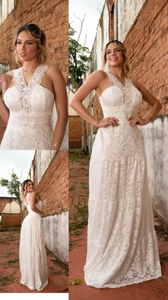 Vestido longo com decote em V em gripir