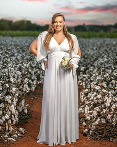 Vestido branco off longo fluido com manga longa vazada e laço. - loja online