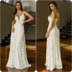 Vestido longo noiva civil com decote V e alcinha na internet